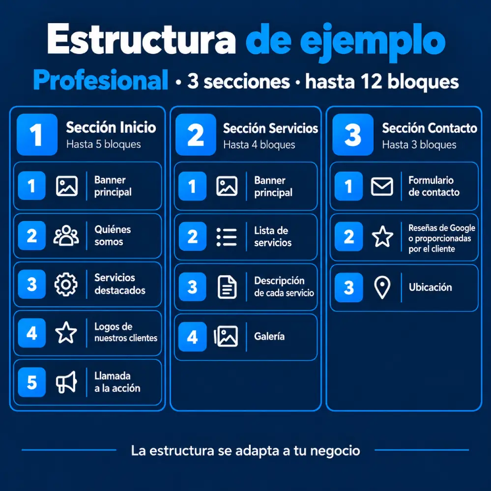 Estructura profesional en tres secciones