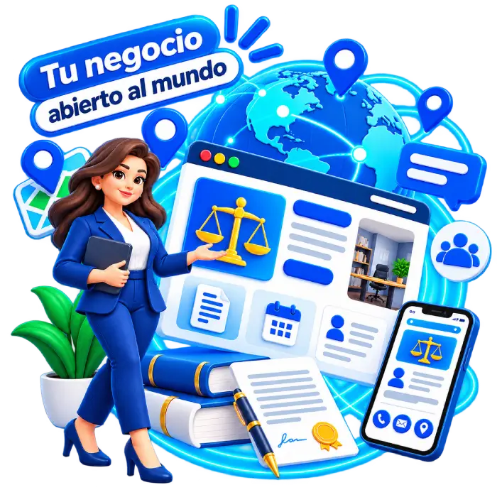 Ilustración de una profesionista jurídica junto a un sitio web, un globo terráqueo y herramientas de contacto digital.