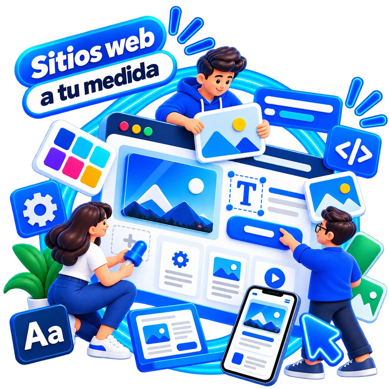 Ilustración de diseño de sitios web a la medida con herramientas de personalización y diseño adaptable.
