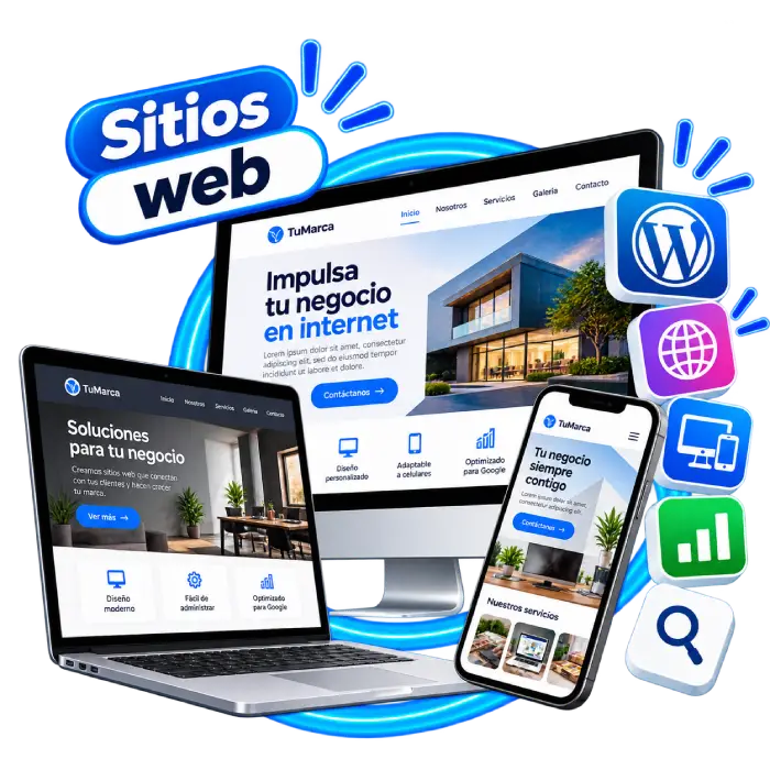 Diseño de sitios web profesionales de MiContacto.digital, con ejemplos de páginas web adaptables a computadoras, laptops y celulares.