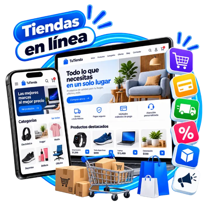 Diseño de tiendas en línea de MiContacto.digital, con catálogo de productos adaptable a computadoras y celulares, carrito de compras y pagos digitales.