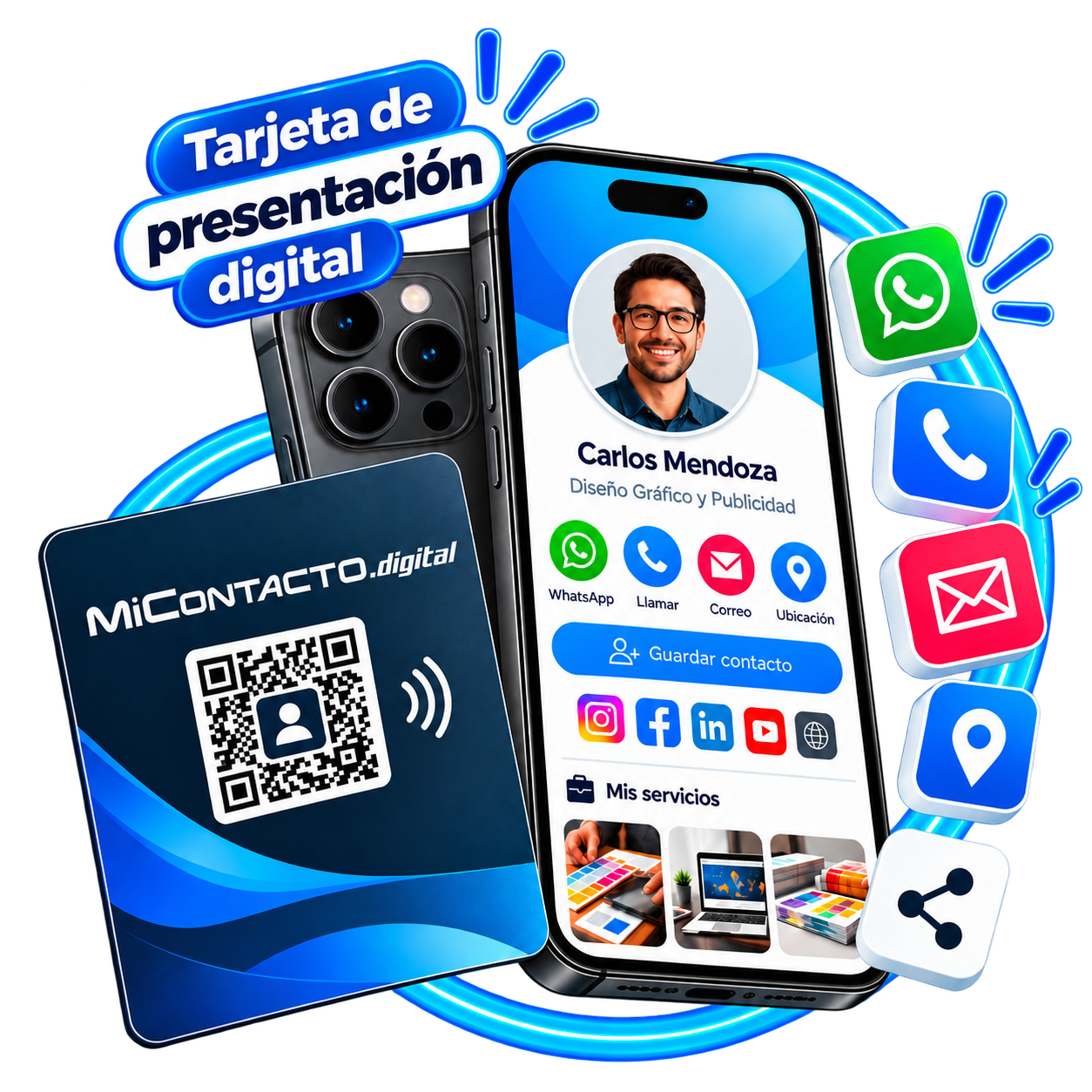 Tarjeta de presentación digital personalizada de MiContacto.digital mostrada en un celular junto a una tarjeta física NFC con código QR.